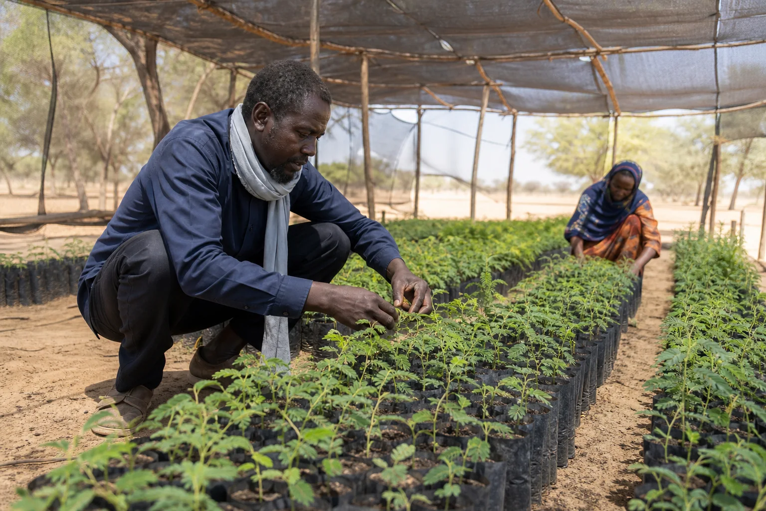 A Chadian nursery team tending drought-adapted native tree seedlings in a shaded dryland nursery.
