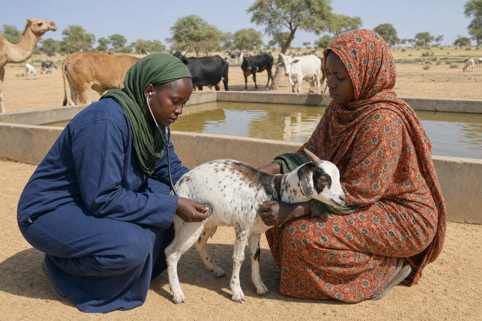 A Chadian veterinary technician examines a goat beside a shared livestock water point.