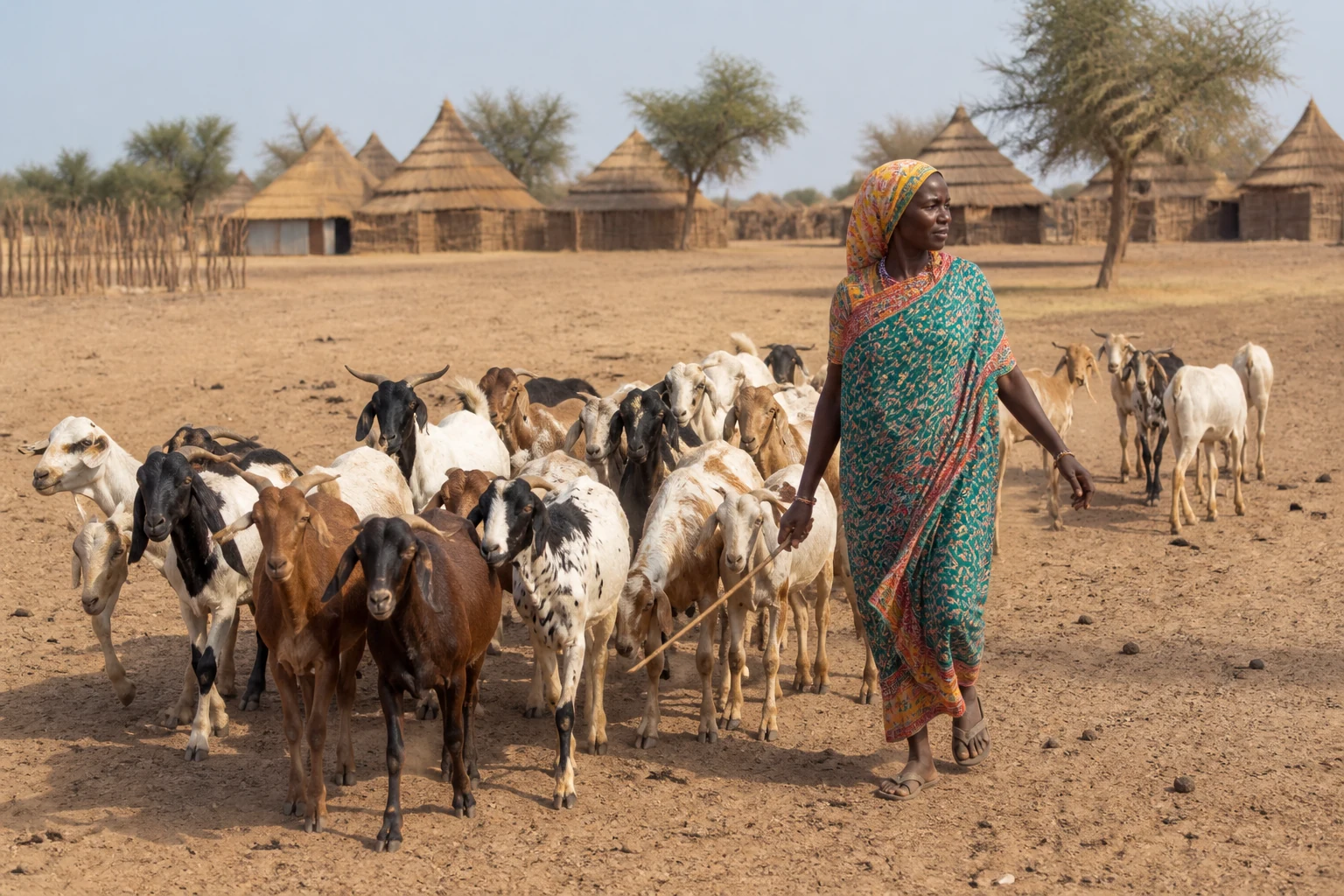 An adult Chadian pastoralist woman guiding goats near a Sahel village.