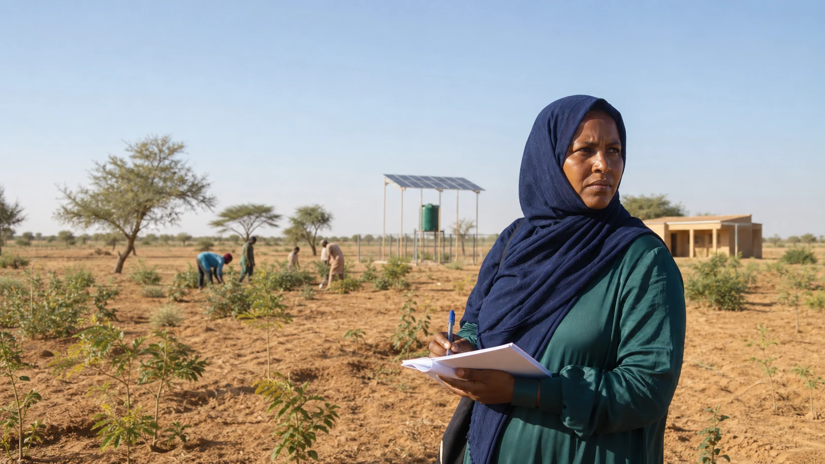 A Sudanese field coordinator recording observations among young dryland trees near a solar water point in North Kordofan.