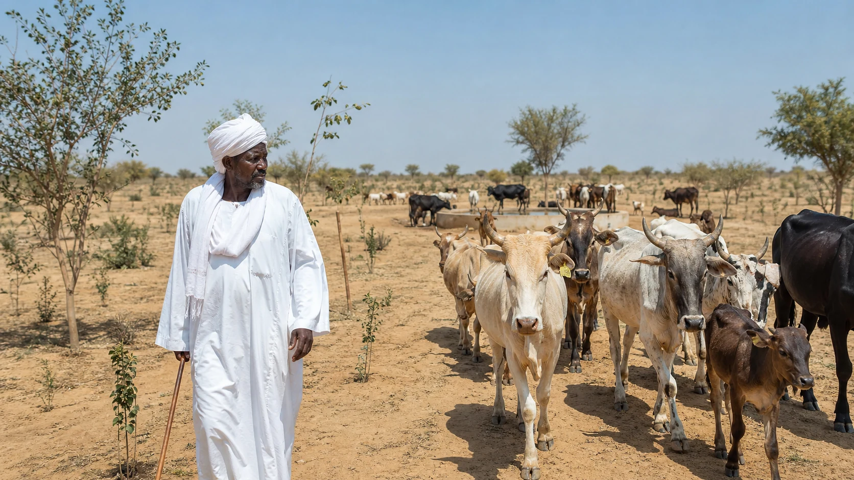 A North Kordofan pastoralist walking with cattle through an early-stage restored grazing corridor.