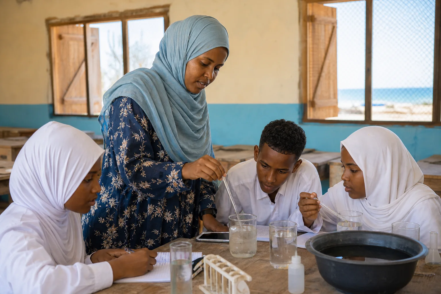A Somali science teacher guides secondary students through a practical water-quality lesson.