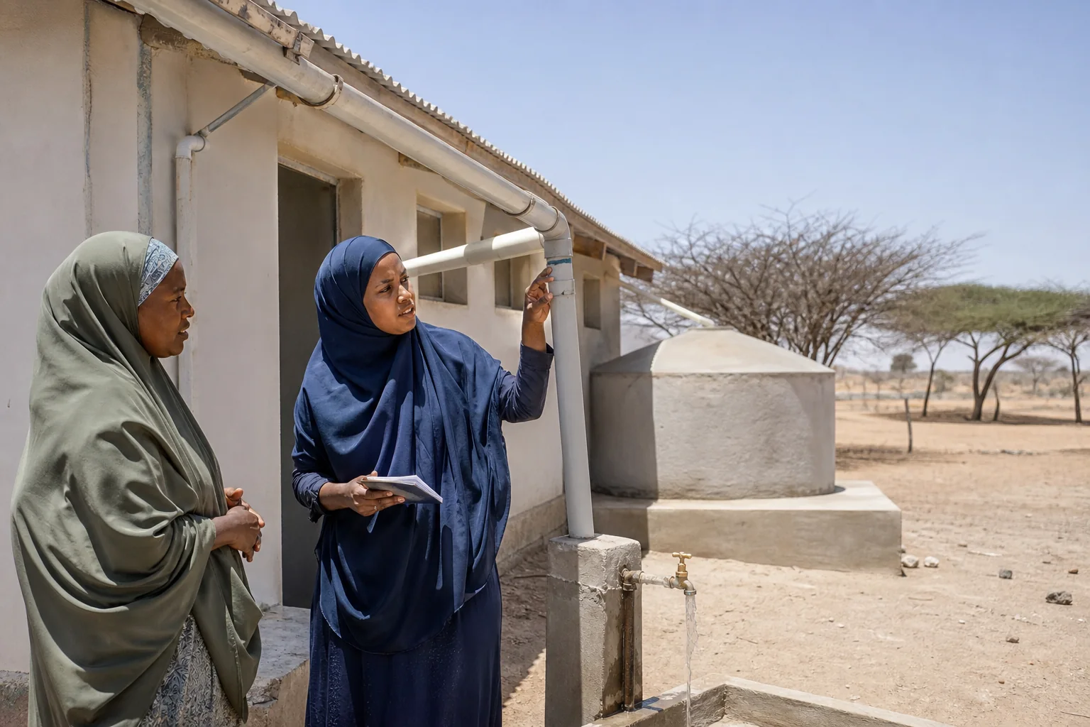 A Somali water engineer reviews a community rainwater harvesting system with a local resident.