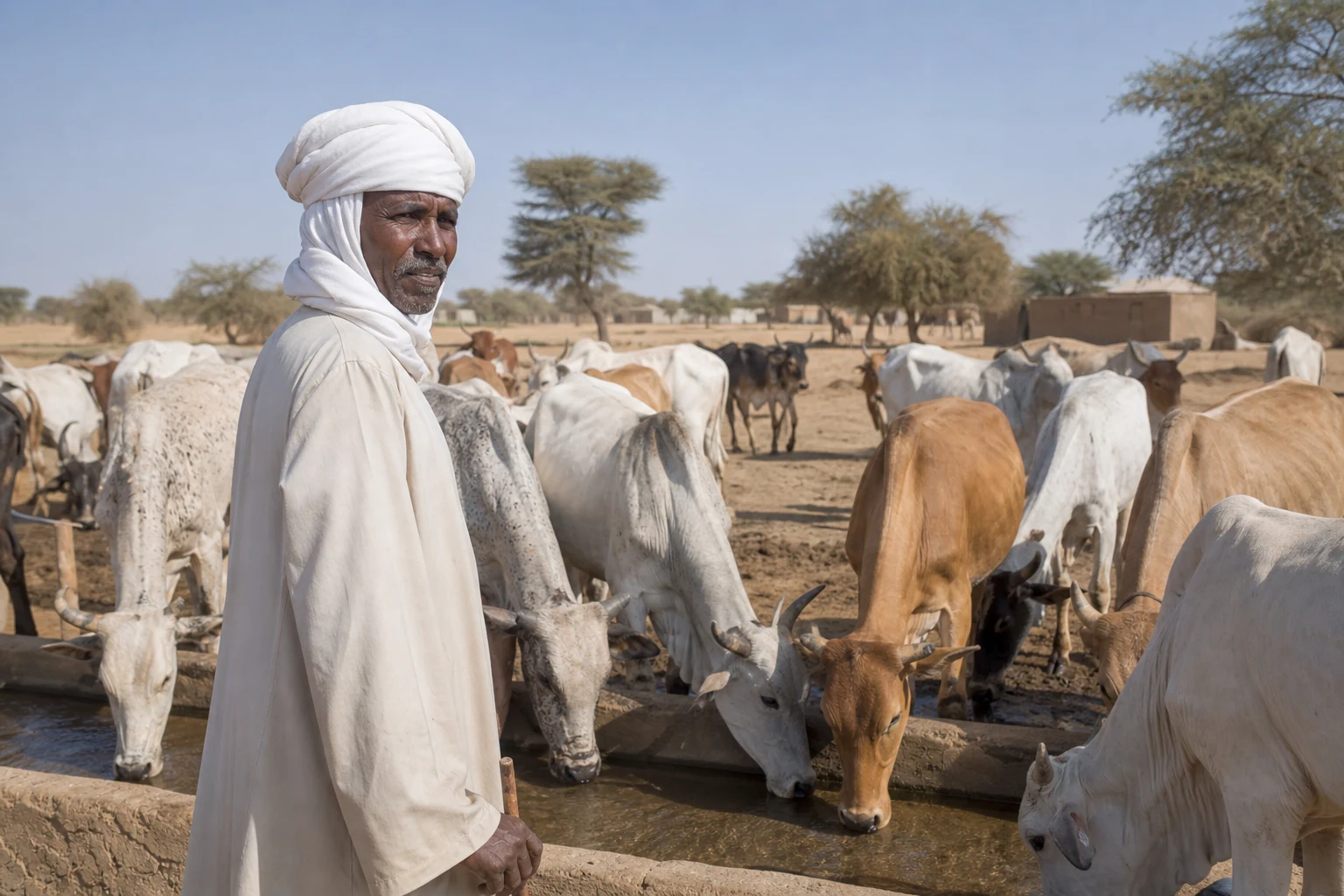 An adult Sudanese pastoralist overseeing cattle at a community water point.