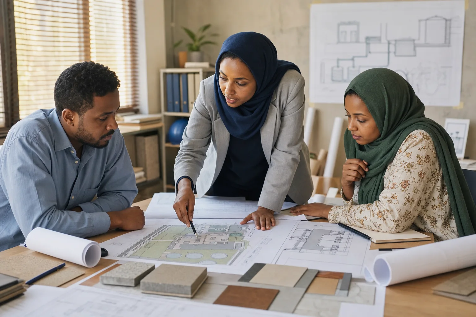A Sudanese civil engineer leads a review of clinic and water-system plans.