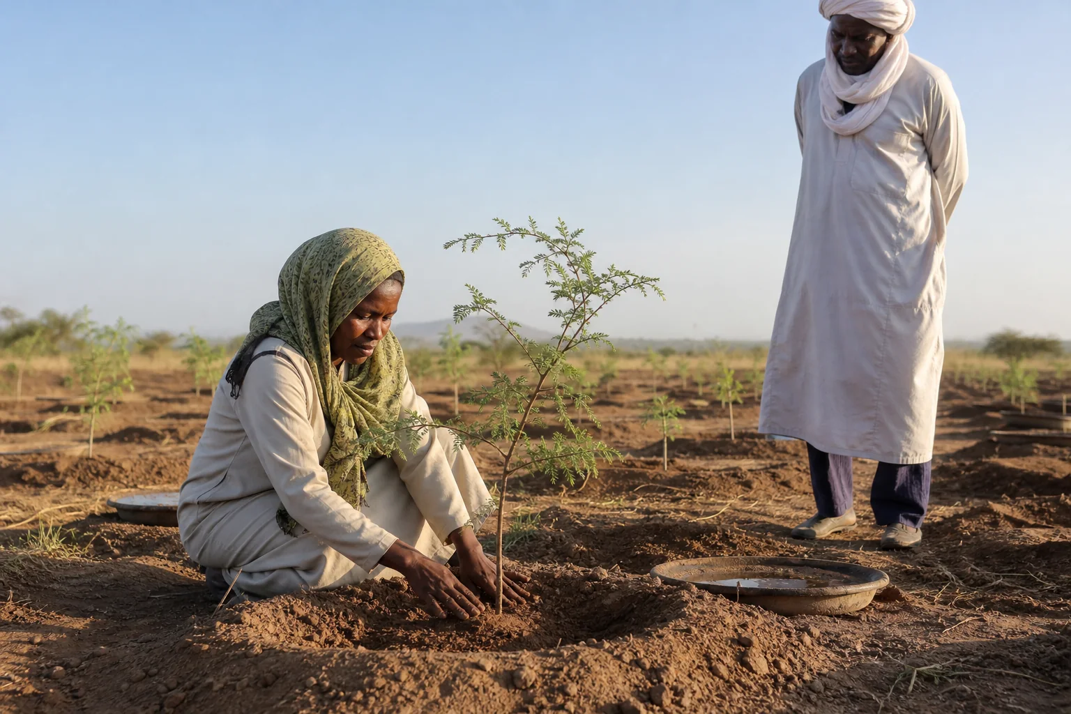 A Sudanese agroforestry lead demonstrates planting a native tree in a dryland restoration plot.