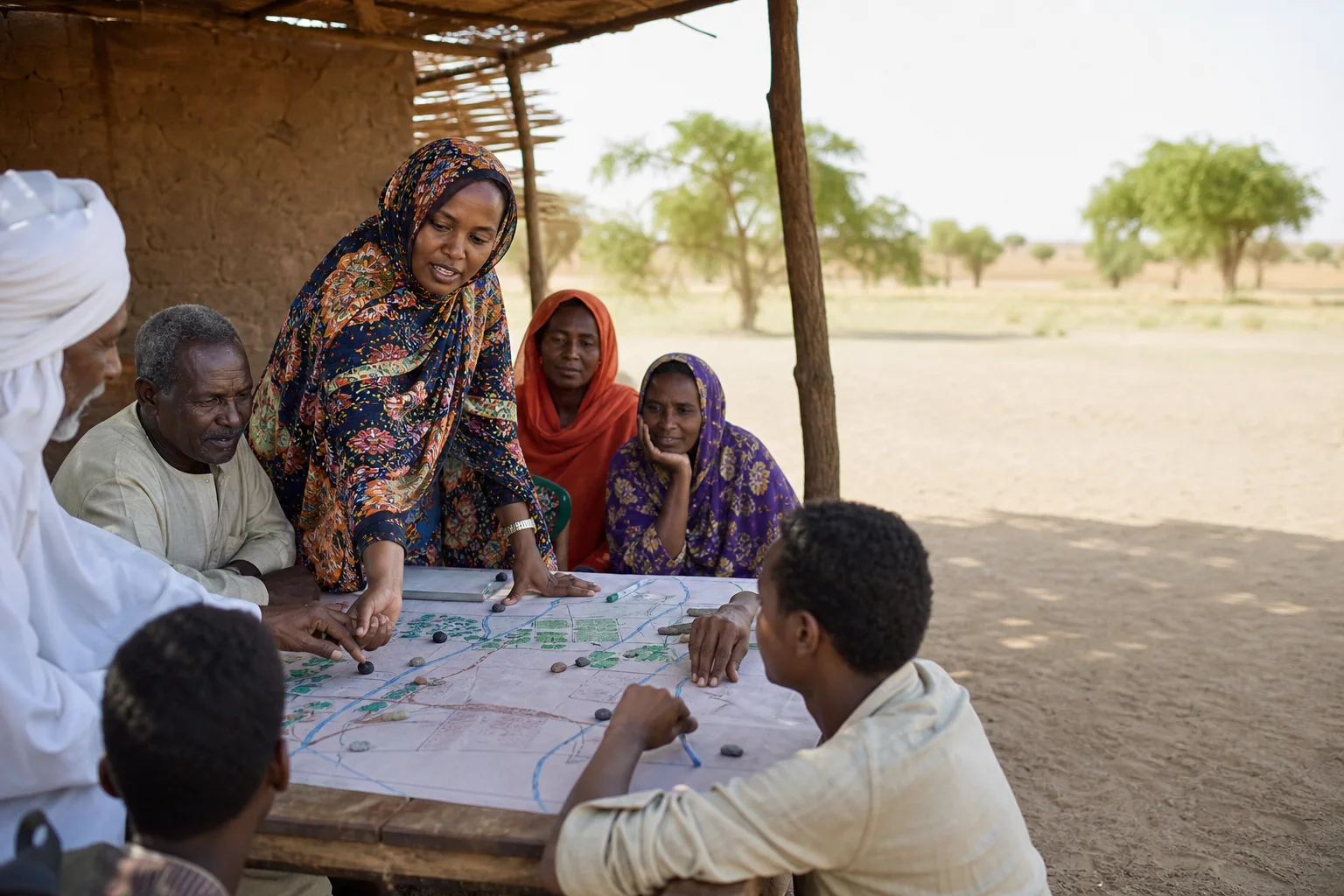 A Sudanese facilitator guides community members in mapping water routes and planting areas.