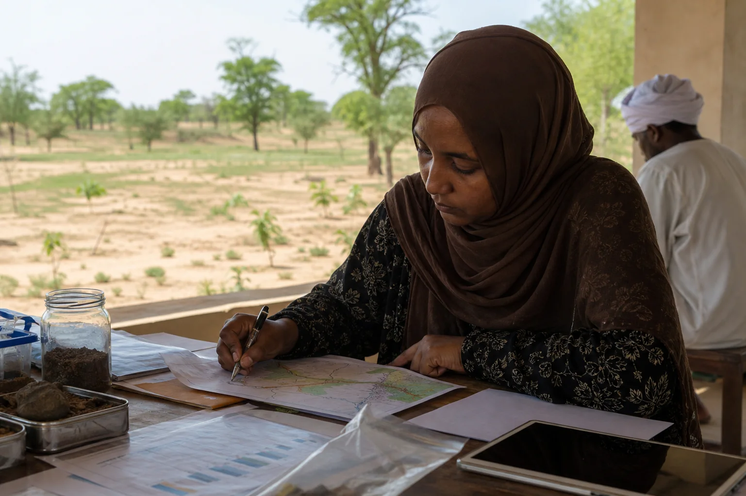 A Sudanese researcher annotates field data beside a dryland restoration site.
