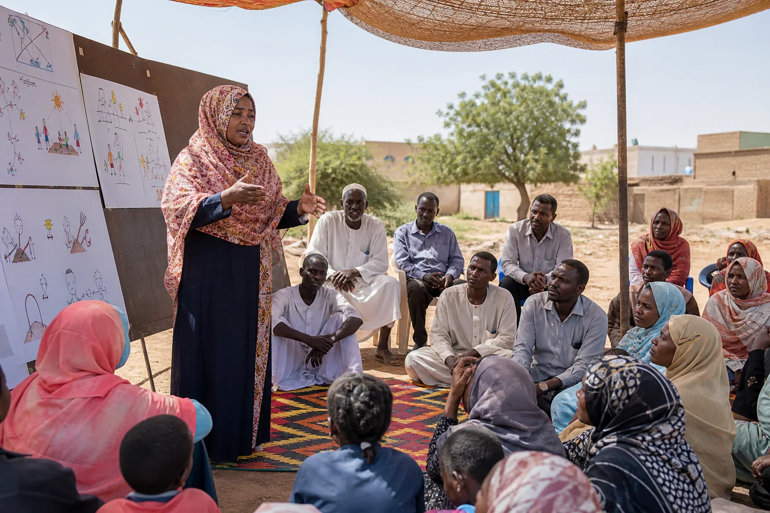 A Sudanese facilitator leads an open-air community learning session.