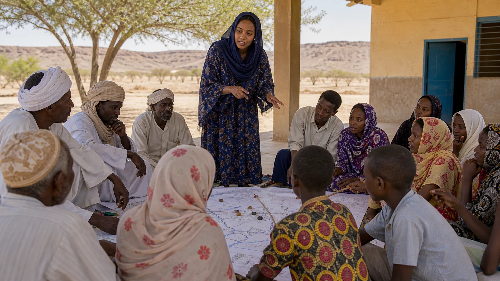A Sudanese woman facilitator leading a collaborative landscape-planning session with pastoralist community members, women and youth.