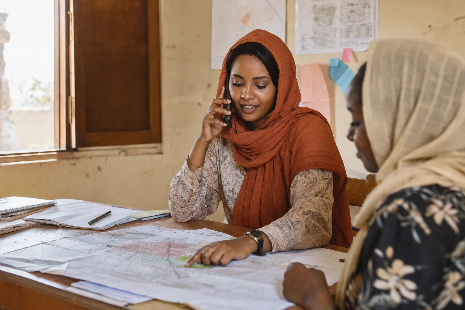 A Sudanese programme coordinator discusses a field map while responding by phone.