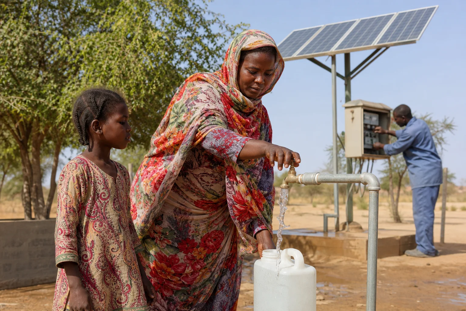 A Sudanese mother collects water at a solar-powered community water point with her daughter.