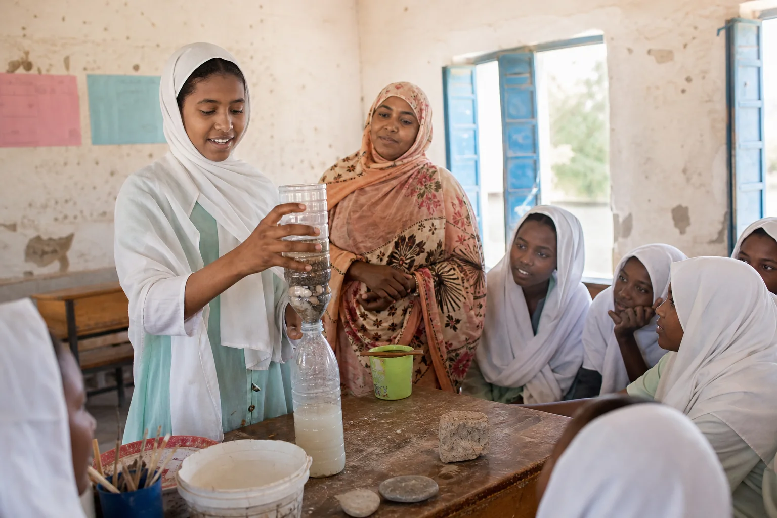 A Sudanese student demonstrates a simple water filtration experiment to her class.