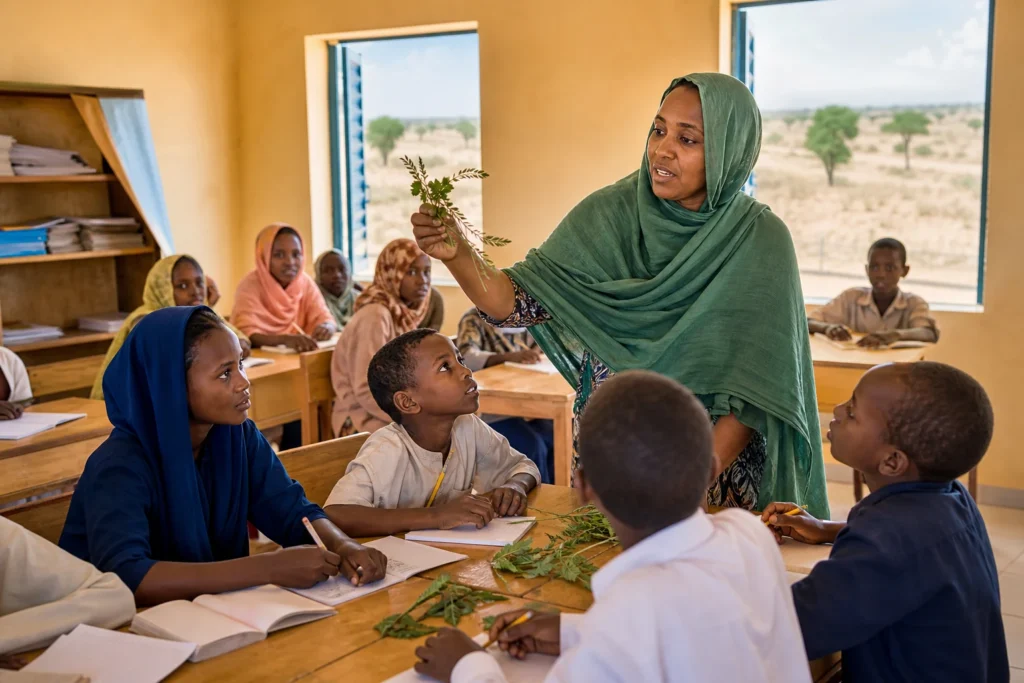 A Sudanese teacher leading a practical lesson in a bright, rehabilitated rural classroom.
