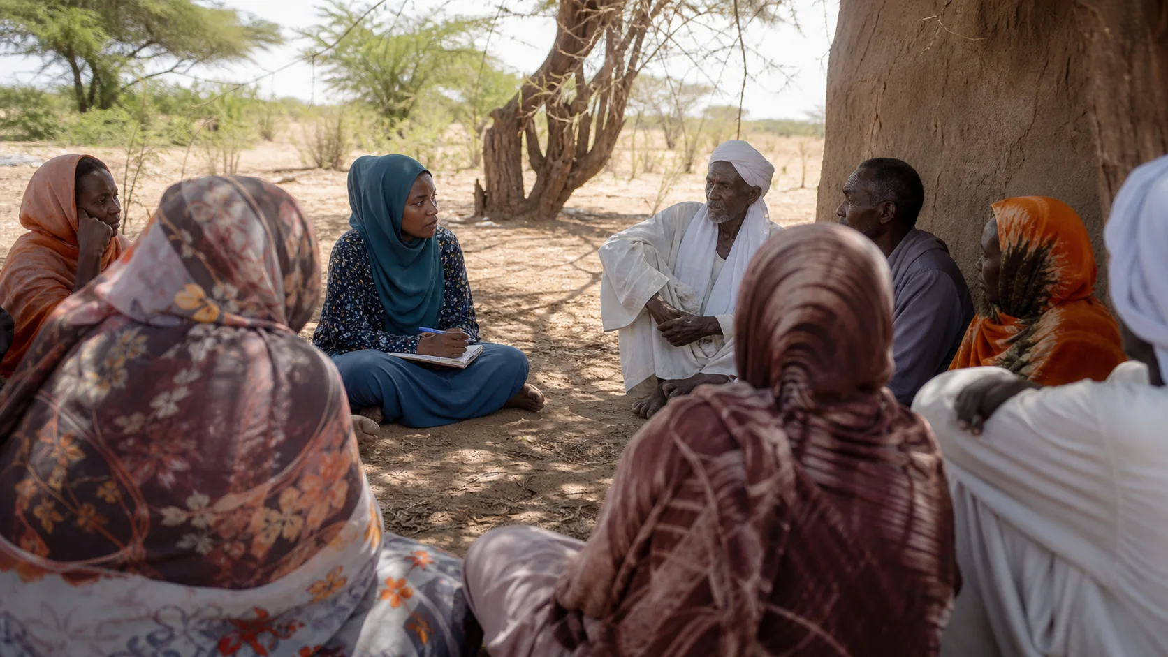 A Sudanese field coordinator seated at the same level as pastoralist women and men, taking notes during a community listening session.