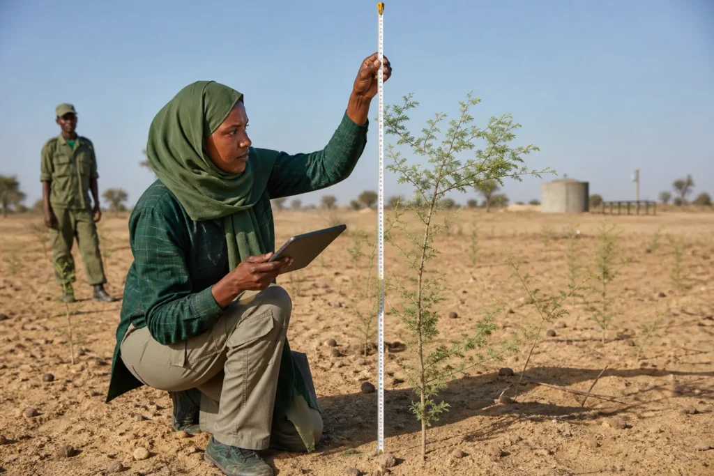 A Sudanese ecologist measuring a young tree and recording restoration observations in North Kordofan.
