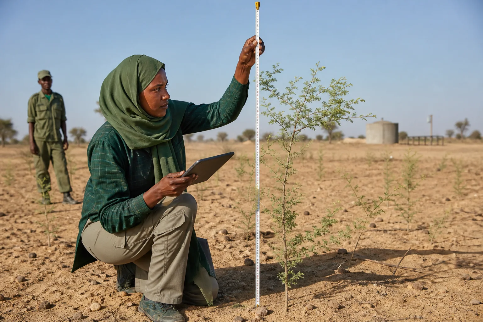 A Sudanese ecologist measuring a young tree and recording restoration observations in North Kordofan.