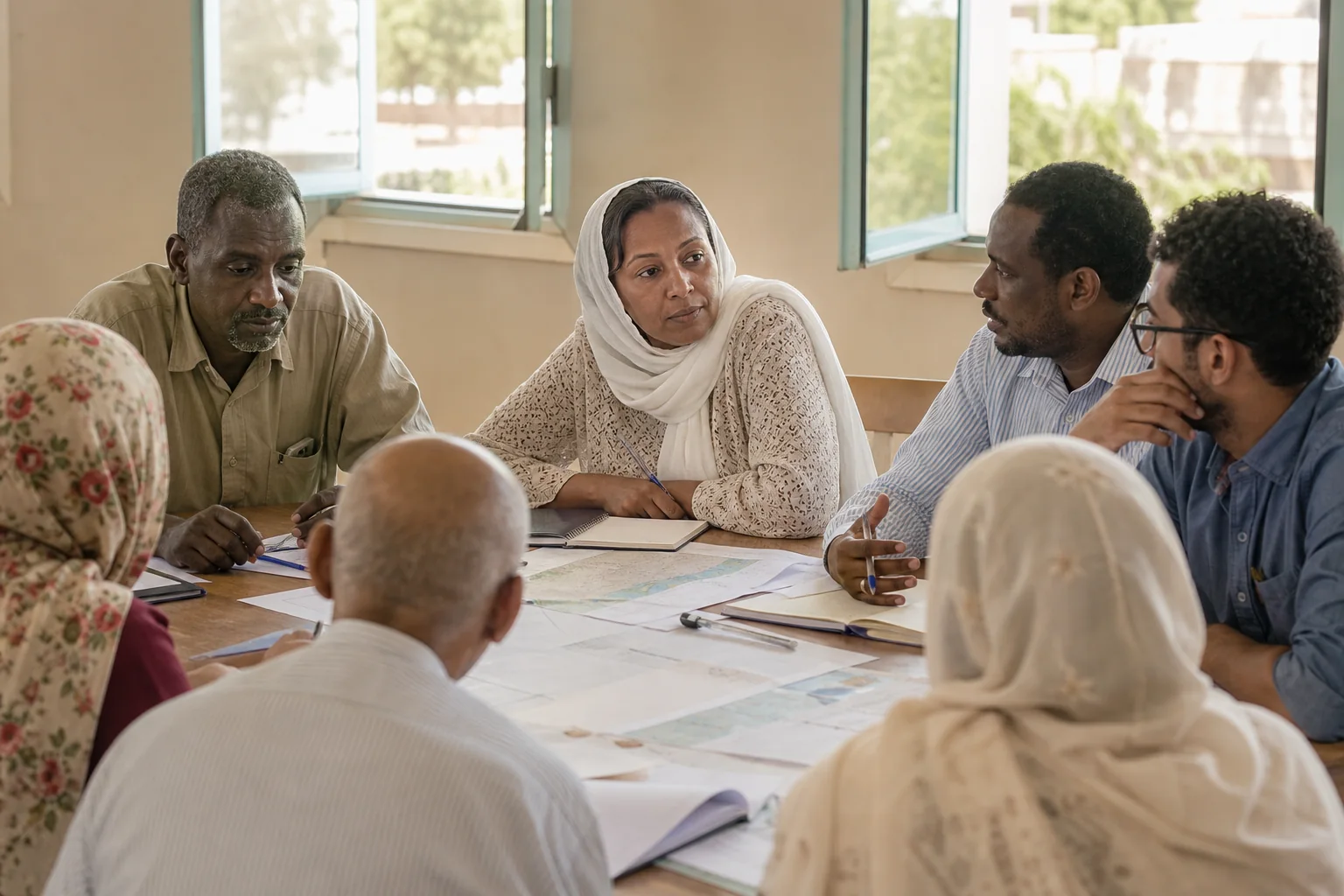 Sudanese professionals and diaspora collaborators reviewing plans and paper maps during a founding workshop.