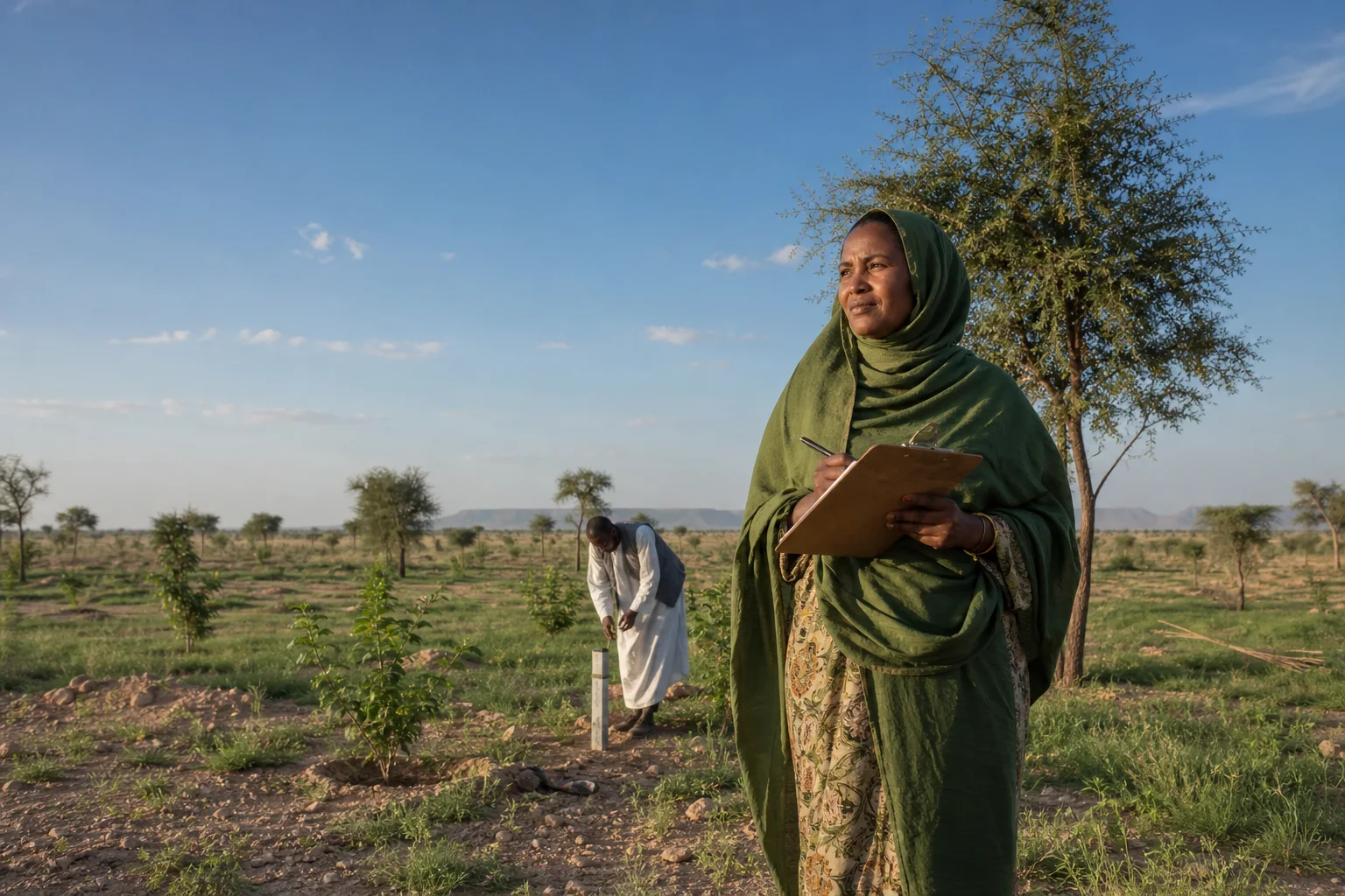 A Sudanese monitoring lead records measurements in a restored landscape.