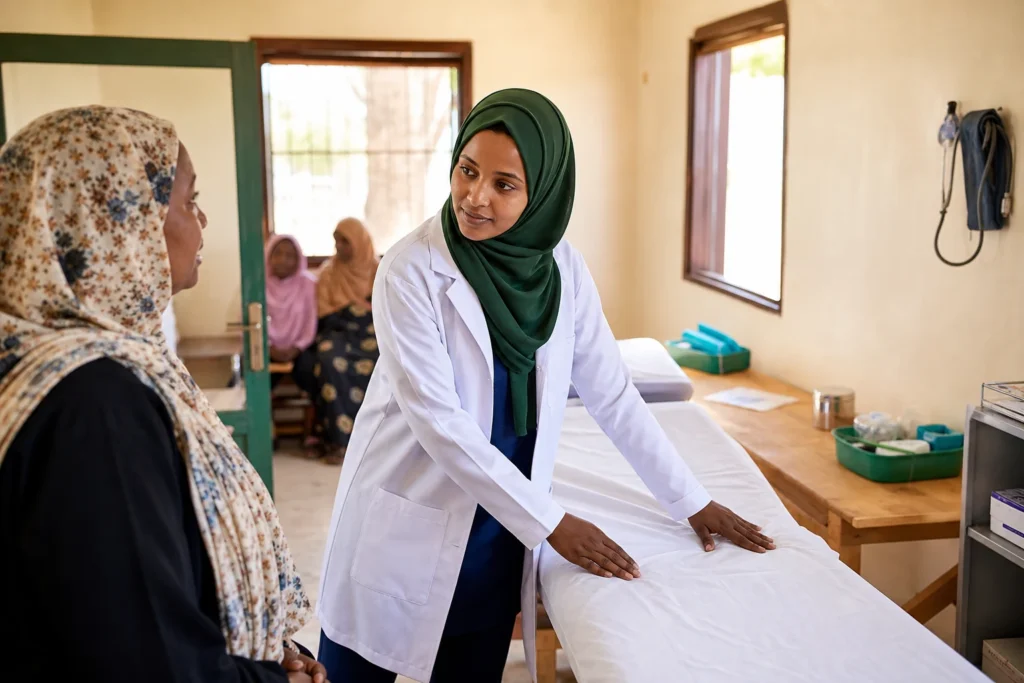 A Sudanese nurse speaking with a mother inside a clean, rehabilitated local clinic.