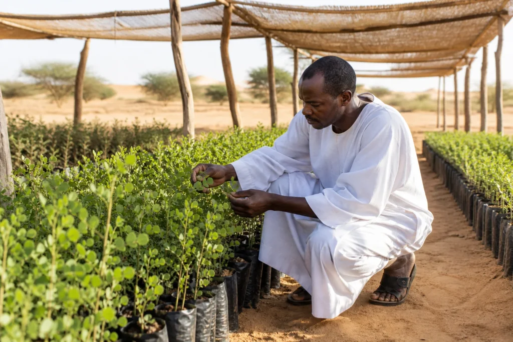 A Sudanese nursery worker checking the leaf health of native hashab and haraz seedlings prepared for land restoration.