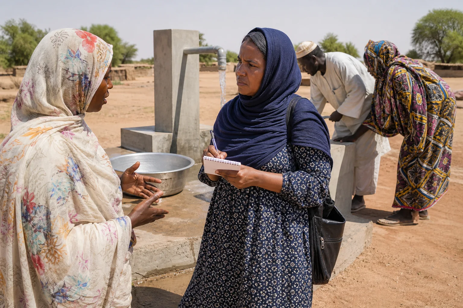 A Sudanese field officer interviews a community member beside a functioning water point.