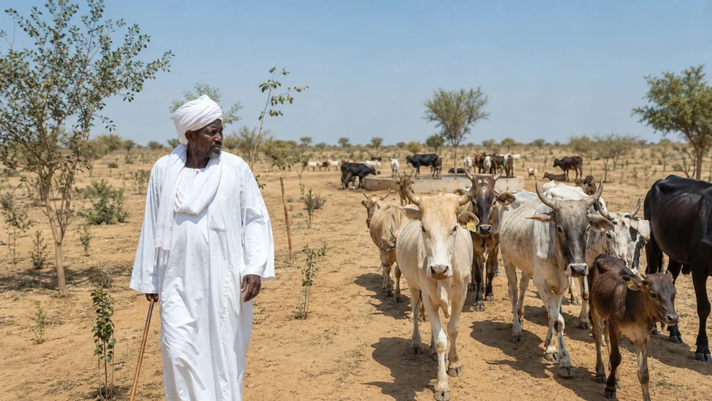 A North Kordofan pastoralist walking beside cattle through an early-stage restored grazing corridor with young dryland trees and a livestock water point.