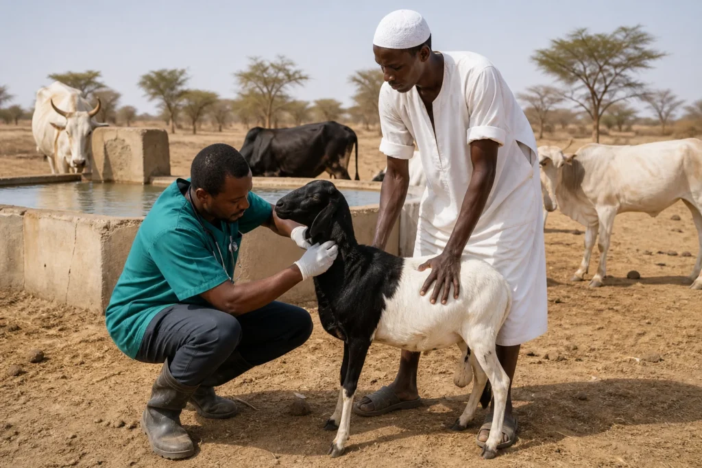 A Sudanese veterinary technician examining a goat beside a functional livestock water point on semi-arid rangeland.