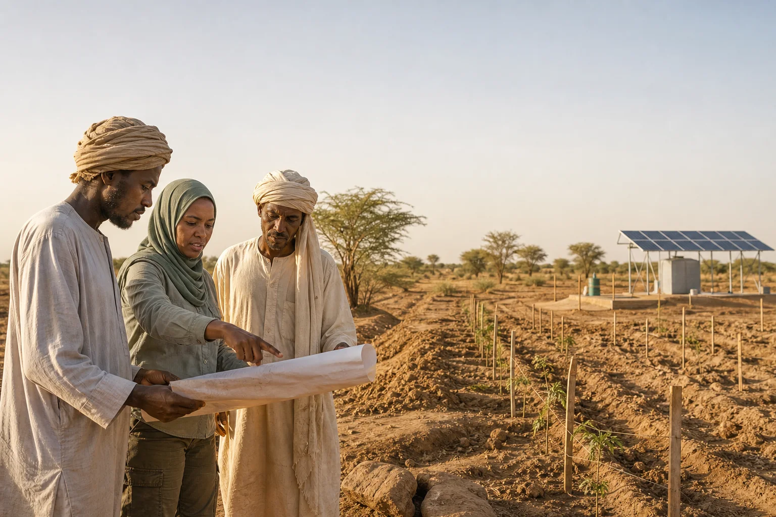 A Sudanese project engineer reviews field plans with local team members at an active site.