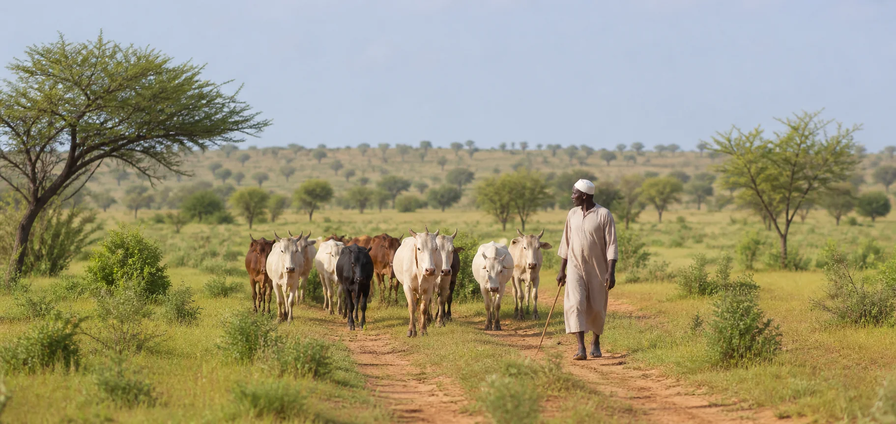 A pastoralist walking with a small herd through an early restored Sahel grazing corridor under bright morning light.