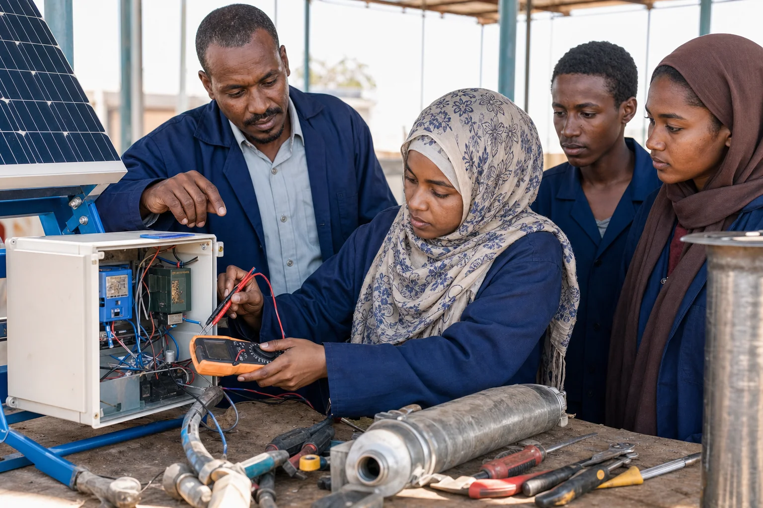 A young Sudanese trainee tests a solar pump controller during a practical workshop.