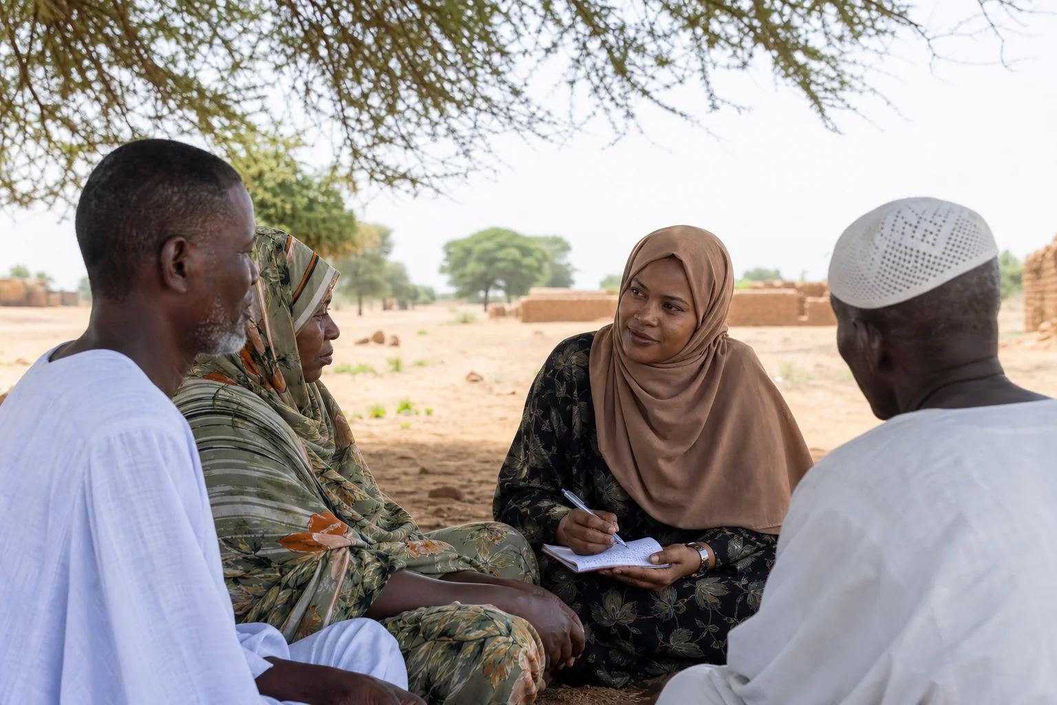 A Sudanese community facilitator listens and takes notes during a village discussion.