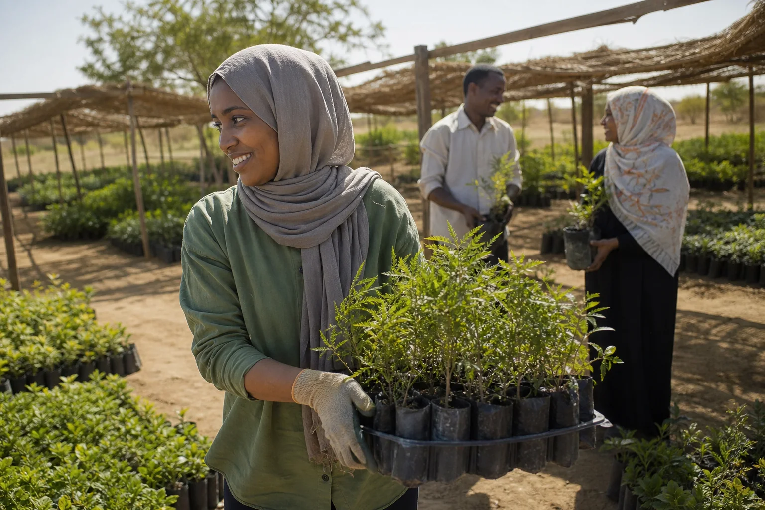 A young Sudanese volunteer carries native seedlings through a community tree nursery.