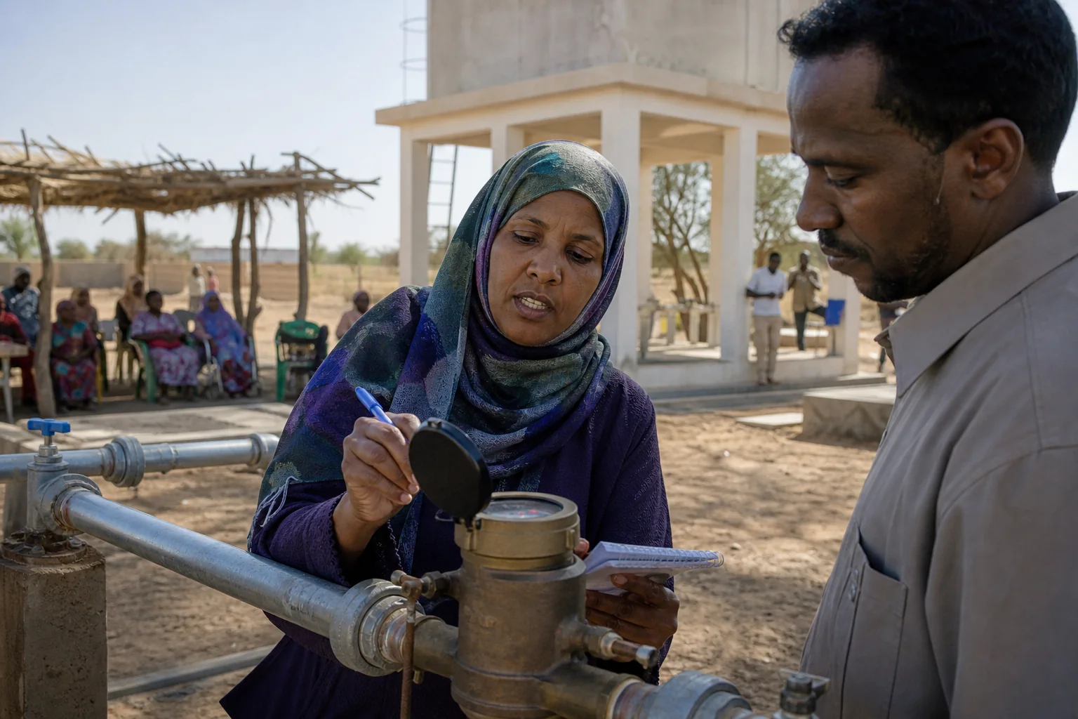 A Sudanese water committee lead records a flow-meter reading with a local technician.