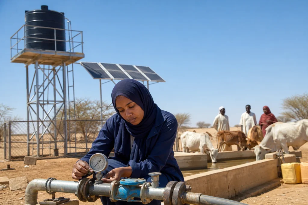 A Sudanese water technician checking a pressure gauge at a solar-powered groundwater pump serving a pastoral community.
